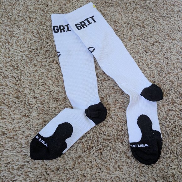 GRIT White with Black Compression Knee-High Socks – Size S/M, Made in USA, Like - Picture 3 of 4
